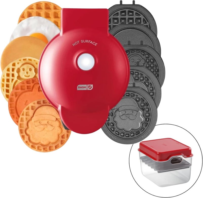Dash Multimaker with 7 Removable Plates: Waffle Iron & Griddle + 3 Themed Plates - Santa Pumpkin Snowman - Mini Waffle for Halloween and Christmas Holidays - for Kids and Families (Red) - Image 1